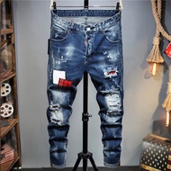 European Style DSQUARED2 Brand Mens Jeans  Mens Fashion Casual Slim Denim Pants Biker Hole Hip Hop Embroidery Elastic Jeans