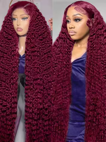 200 Density 99J Burgundy Deep Wave 13x6 Hd Lace Frontal Wig Human Hair 46Inch 13x4 Curly Red Colored