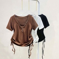 Women's Big Size T-Shirt Shrugging Waist Drawstring Loose Form Comfortable Elastic Waistband A309