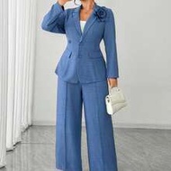 Women's Plus Size Elegant Floral Decor Blazer Jacket And Wide Leg Pants Suit Set Blue Cb