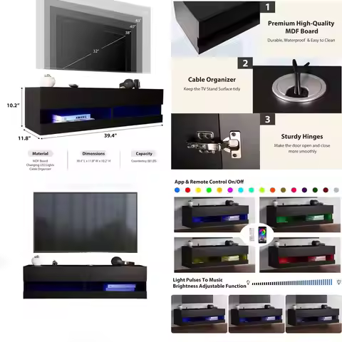 Wall-Mounted Floating TV Stand with Storage, Black Entertainment Center for Living Room and Bedroom,