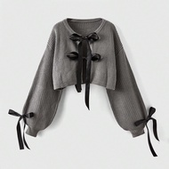 Áo len cardigan tay đèn lồng trang trí nơ Himekaji cỡ lớn, dáng rộng, đi học