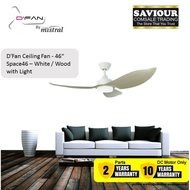 Mistral D'Fan Space 46 46”Ceiling Fan - White / Wood with Light &amp; Remote Control