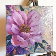 Small original cute Peony flower artwork hand painted Oil painting on Cardboard