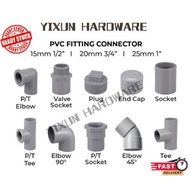 PVC Fitting Penyambung Paip Connector-Socket/Elbow/Tee/PT Socket Elbow Tee/Valve Socket/Plug/End Cap 15mm 20mm 25mm