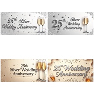 25th Wedding Anniversary Decorations Banner Black Silver Happy 25th Anniversary Banner for Women Men