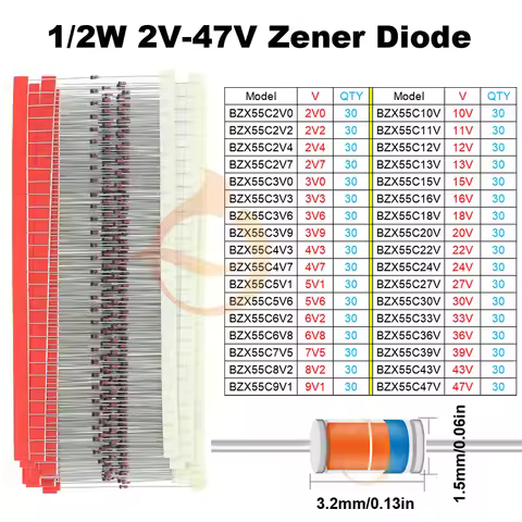 1020pcs 34Value DO-35 1/2W 2V-47V Zener Diode Assorted kit