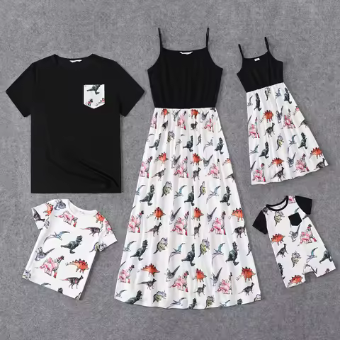 PatPat Family Matching Allover Dinosaur Print Spliced Black Cami Dresses and Short-sleeve T-shirts S