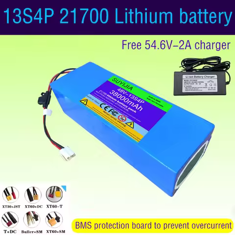13S4P 21700 lithium battery pack 48V 38Ah with BMS protection plate + free 54.6V-2A charger suitable