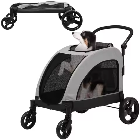 Foldable Dog Stroller, 4-Wheel Pet Stroller with Dual-Entry, Adjustable Handle for Large Dogs, Outdo