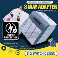 FOCUS 3 Way Adapter Extension Plug Extantion Socket with Sirim Surge Protector Individual Switch & N