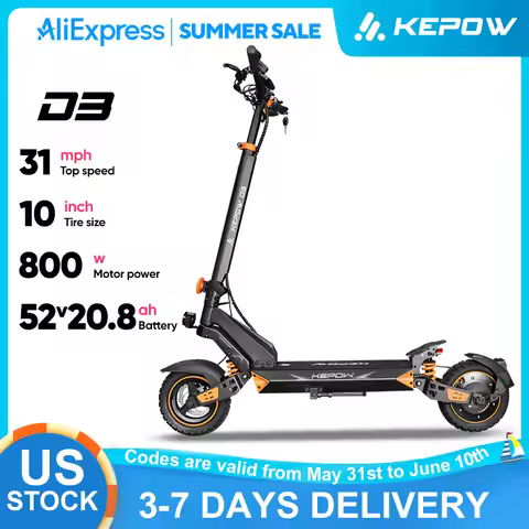 KEPOW D3 Electric Scooter 52V 20.8Ah Battery 1200W Peak Motor Up to 31MPH High Speed 10 Inch Off‑Roa