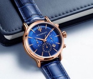 9.7成新二手瑪莎手錶 時尚潮流簡約藍色皮帶石英錶 三眼計時防水休閒男錶腕錶 R8871618007