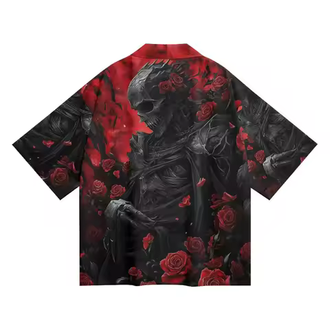 Skeleton Flower Print Fashion Loose Japanese Cosplay Kimono Cardigan Men Black Yukata Haori Women Tr