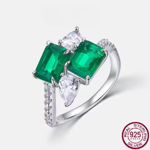 New S925 Pure Silver Light Luxury Cultivation Color Treasure Set Synthetic Green Treasure Ring Weddi