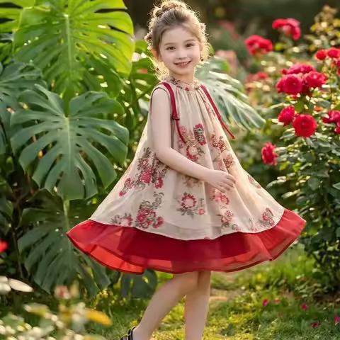 2026 retro summer Chinese kid baby party princess Girls Teenager floral slip dress splcing mesh 4 6 