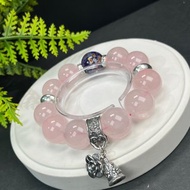 設計款粉晶手串20mm冰透閃片大顆粒玫瑰石英配大漆珠S999銀男女款