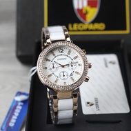 Jam tangan Wanita Leopard 2860 tali rantai keramik bulat tanggal aktif/chrono off analog original