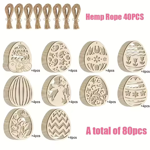 80Pcs Easter wooden eggs & blank wooden chips, with 40 hemp ropes. Ideal for Easter DIY hanging deco
