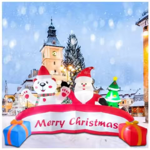 10 FT Inflatable Merry Christmas Banner Sign with Santa Claus Polar Bear Christmas Tree Outdoor Infl