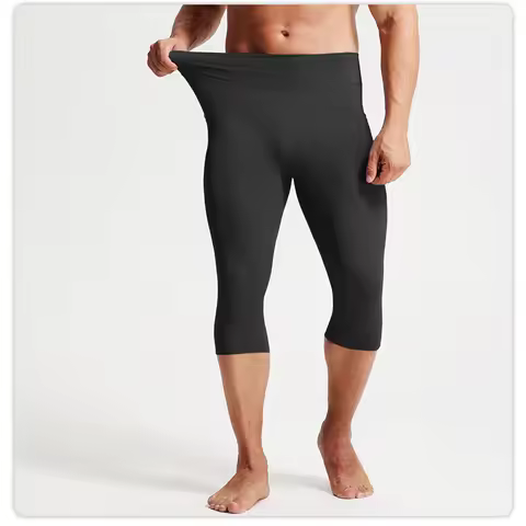 Men High Waist 7/8 Compression Pants Quick Dry Breathable Tight Sports Leggings Running Jogging Gym 