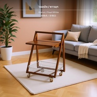 โต๊ะข้างเคลื่อนที่ทำจากไม้บีชแข็งแรง พร้อมตะกร้าสำหรับจัดเก็บของ ล้อเลื่อนไม้ขัดเงา สไตล์มินิมอล โมเ
