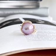 淡水珍珠 天然色 薰衣草紫 大顆愛迪生珍珠 花朵戒指 13mm