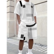 Men Minimalist Black Geometric Line Block Print 2 Piece Outfits S-5XL Short Sleeve Tee+Drawstring Sh