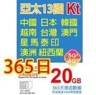 KT 日本 韓國 澳門 台灣 星加坡 馬來西亞 印尼 越南 泰國 澳洲 紐西蘭 中國 365日5G 20GB之後降速384K無限數據《購買2張免費順豐》 上網卡數據卡Sim卡電話咭data