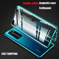 Huawei P40 P30 P20 Lite Pro Nova 3e 4e Double Sided Glass Flip Phone Case Magnetic Magnet Metal Bumper Full 360 Protection Hard Cases