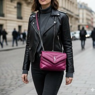 YSL玫紅色銀扣LouLou方胖子肩背斜背包包19*14*7 98新配件塵袋