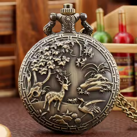 Necklace Chain Old Clock Antique Steampunk Quartz Analog Full Hunter Pocket Watch With Deer