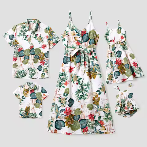 PatPat Family Matching Beach Shirt and Floral Button-Front Strap Dress Sets