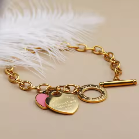 074Fashion Stainless Steel Gold Color Bracelet Double Heart Pendant Design FOREVER LOVE Women's Jewe