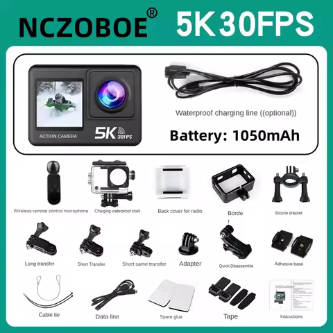 NCZOBOE 5K 30FPS Action Camera 48MP 2" Touch Dual Screen Wi-Fi EIS 170° DVR Webcam Wireless Mic 30M