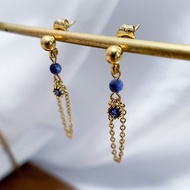 手製藍紋石小圓珠配深海藍色鋯石鏈條耳環 - Odeta Earrings