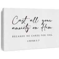 Framed Bible Verse Canvas Print Decor Cast All Your Anxiety on Him 1 Peter 5 : 7 Wall Painting Poste