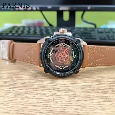 Parnis 44mm Skeleton Men Wristwatch Japan 82S5 Movement Mechanical Watches Military Pilot Watch PVD 