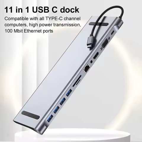 11 in 1 USB C Dock with 4K HDMI-Compatible VGA Ethernet Multiport Adapter 100W PD SD/TF Audio for Su