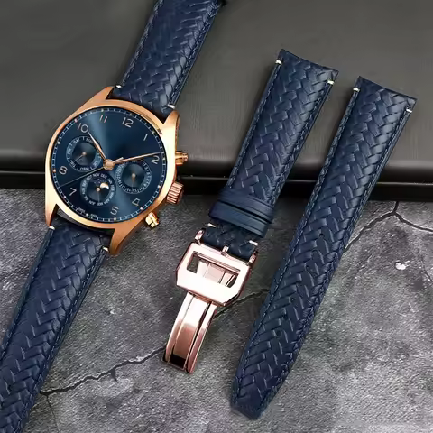 High Quality Cowhide Woven Watchband For IWC IW344205 Portugieser Pilot Watches Portofino Blue Soft
