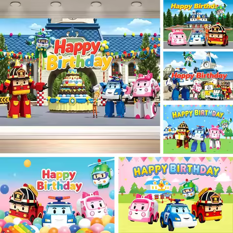 Dewprint R-Robocar P-Poli Cartoon Birthday Party Backdrop Rescue Car Themed Background Kids Birthday