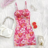 WYWH ผู้หญิงวันหยุด Poppies ดอกไม้พิมพ์ถักชุดเข้ารูปคอสี่เหลี่ยมและ Shirred หน้าอกแขนกุด