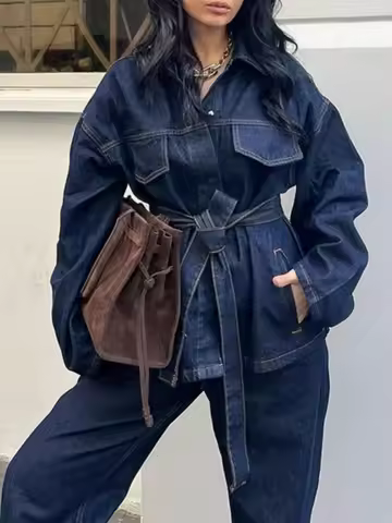 Streetwear Denim 2 Piece Sets Women Outfit Autumn Clothing Women Jean Shirt Top and Pant Sets Casual