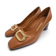 全新 △FERRAGAMO Ferragamo Gancini 標誌五金方頭皮革高跟鞋，ブラウン金色五金，6.5碼，義大利製造，女款，附防塵袋