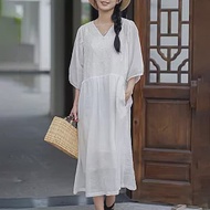 【ACheter】 棉麻感短袖連身裙刺繡寬鬆高腰垂感棉麻中長版洋裝# 119012 M 白色