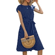 Women Polka Dot Print Midi Dress Crewneck Short Sleeve A-line Dress with Belt Summer Beach Swing Sun