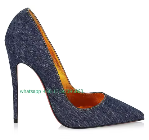 Lady Blue Denim Gold Stiletto Heel Pump Multicolor High High Heels Office Lady Pointed Toe 10cm 8cm 