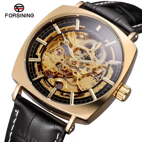 FORSINING gold black mechanical watch hollowed-out nail scale mechanical watch Belt watch Square wat