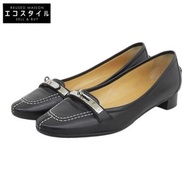 愛馬仕 Kelly 扣環白色縫線低跟女鞋黑色和銀色 36 號（36 公分）