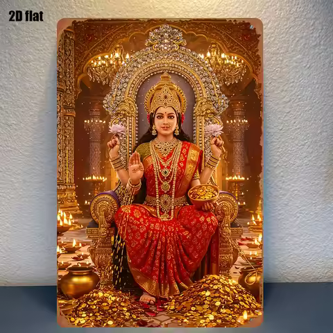 Metal Goddess Durga Lakshmi Statue - Iron Wall Art Decor with Gold Red Sari, 20x30cm Hindu Altar & H